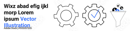 Two gear icons, one with a checkmark, and a funnel filtering items represent workflow automation, process management, and optimization. Ideal for technology, data, efficiency, productivity minimal