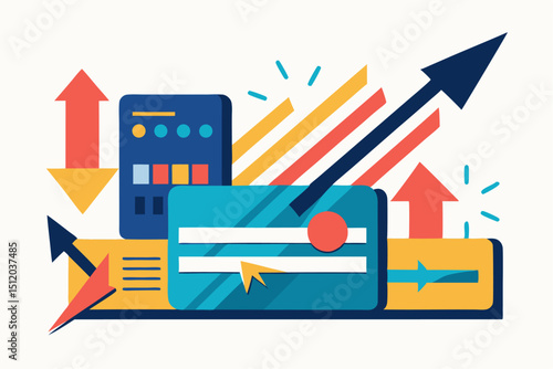 A close-up image of a person using a calculator while holding a credit card, symbolizing financial management, rising interest rates, and digital banking. Futuristic graphics including upward arrows, 