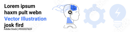 Human head with lines connecting to gear inside brain, blue lightbulb, wire elements. Ideal for AI, technology, innovation, solutions, engineering, creativity simple landing page