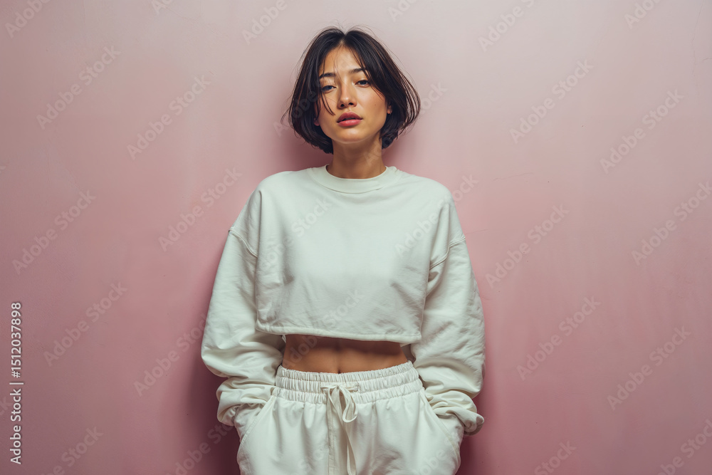 A person models a trendy sport outfit, highlighting comfort and style A person models a trendy sport outfit, highlighting comfort and style