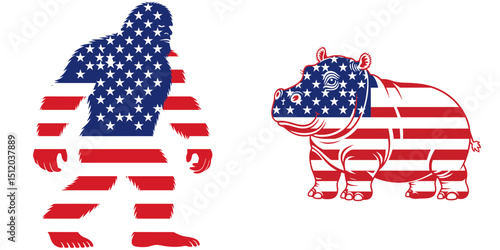 Bigfoot Hippopotamus. 4th of July Independence Day American Flag Patriotism Usa America Clipart Vector Illustration. Cryptozoology aquatic mammal elusive primate river behemoth folklore.