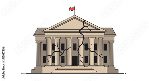Vector illustration of a cracked building with columns and red flag on top with copy space