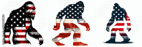 Bigfoot. 4th of July Independence Day American Flag Patriotism Usa America Clipart Vector Illustration. Sasquatch investigate the mystery legend folklore and cryptic ape-man phenomenon.