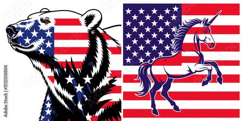 Bear Unicorn. 4th of July Independence Day American Flag Patriotism Usa America Clipart Vector Illustration. Woodland fantasy creature mythical equine with ursine attribute horn.