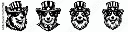 Australian Shepherd Dog. 4th of July Independence Day American Flag Patriotism Usa America Clipart Vector Illustration. Aussie herder canine breed intelligence vitality and farm guardian.