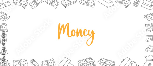 Money outline banner. Flying cash, banknotes, stack of money, dollar bills, gold coins and bars.