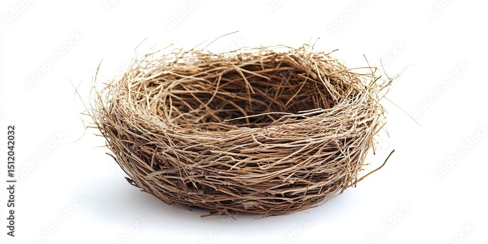 Empty Bird Nest Made of Twigs Isolated on White Background, Natural Rustic Close-Up Still Life Empty Bird Nest Made of Twigs Isolated on White Background, Natural Rustic Close-Up Still Life