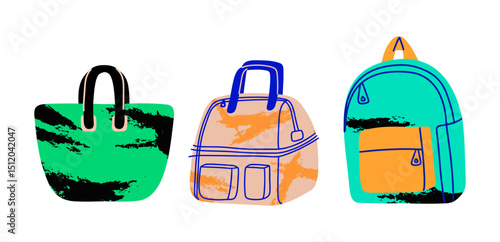 Backpack and bags for travel, school, sports. Vector clipart