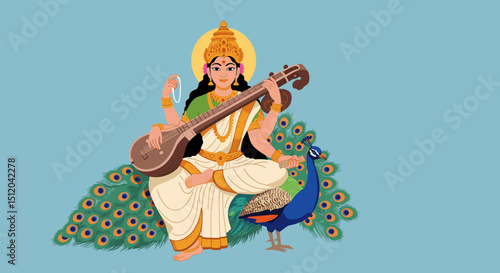 Goddess Saraswati playing veena while seated beside a peacock 