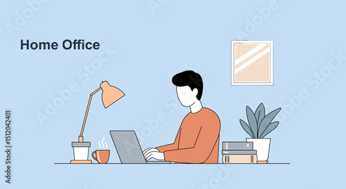 Young man working on laptop in home office with plant and lamp  