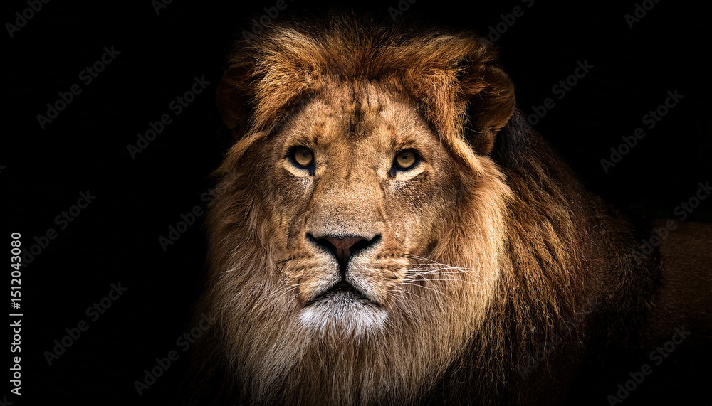 Fototapeta premium portrait of a beautiful lion lion in the dark