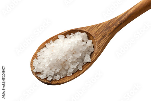 Natural Salt Crystals in Wooden Spoon Isolated on Transparent Background