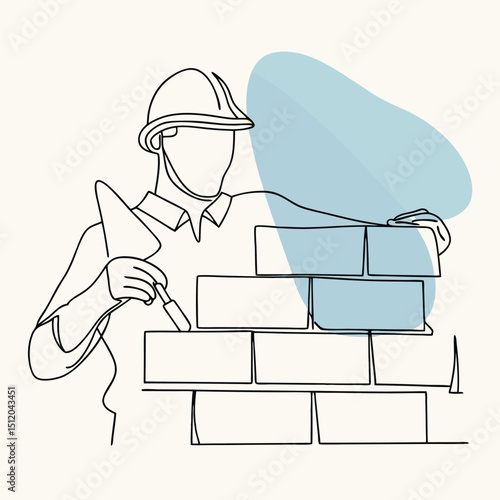 Continuous Line Drawing of a Bricklayer Constructing a Wall with Trowel and Hard Hat