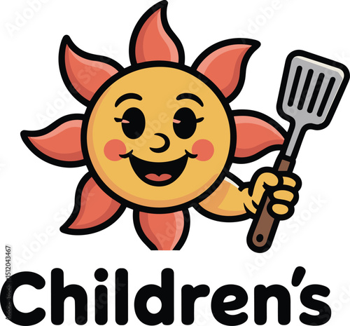 Smiling Sun Chef Mascot Holding Spatula for Childrens Cooking Classes or Restaurant Logo