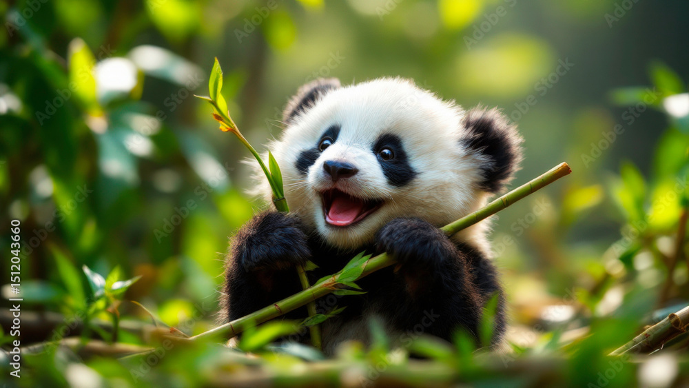 Obraz premium Cute panda cub enjoying bamboo forest in heartwarming natural moment
