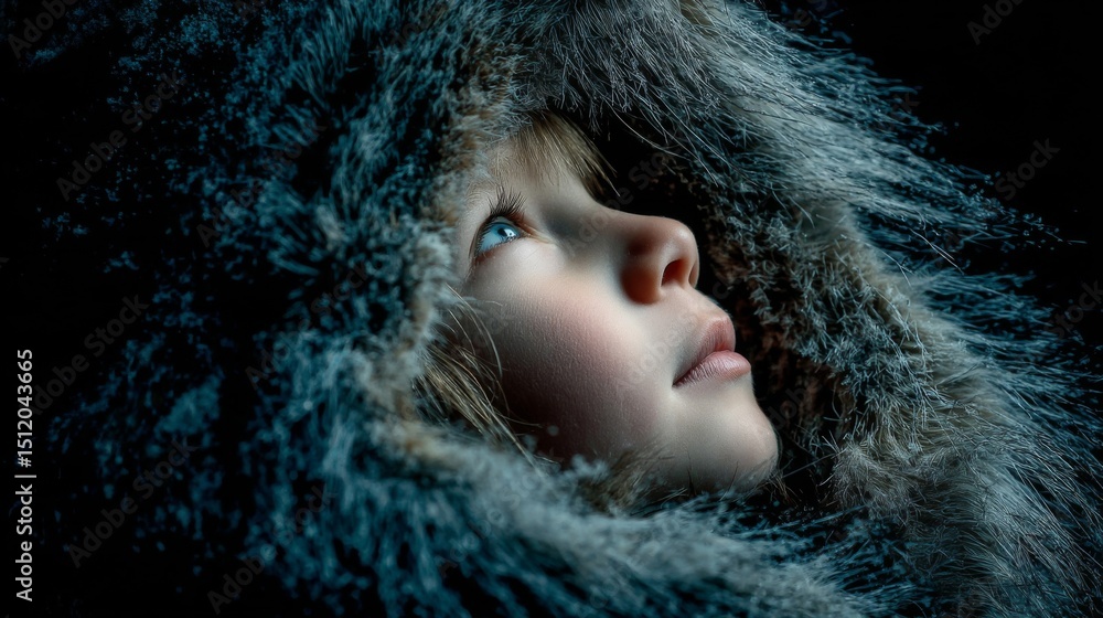 Child in Fur Hood Gazing Upward in Snowy Winter Child in Fur Hood Gazing Upward in Snowy Winter