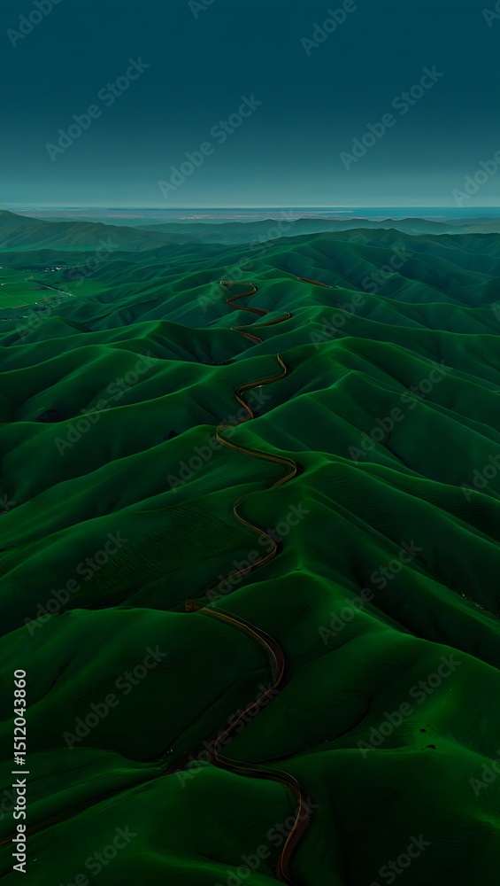 Fototapeta premium Serpentine Roads Winding Through Lush Green Hills An Aerial View of Rolling Landscapes