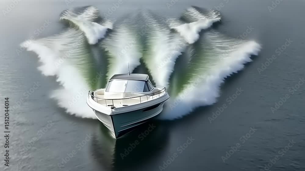 A sleek motorboat creates dynamic waves while speeding across a tranquil lake at sunrise