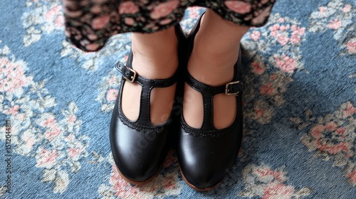 Child wearing black shoes and floral dress on vintage floral carpet