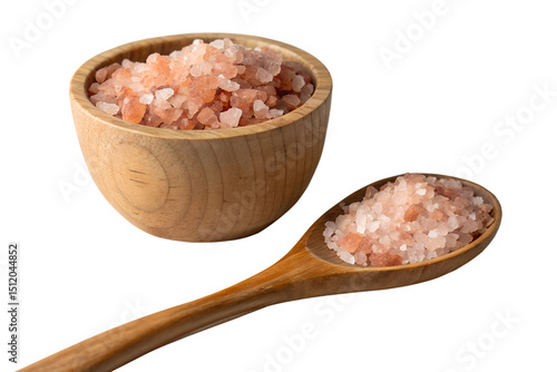 Wooden Bowl Filled with Coarse Pink Himalayan Salt Isolated on Transparent Background