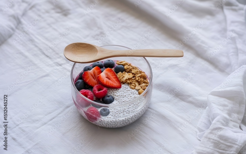 Fototapeta premium Healthy chia seed pudding breakfast bowl with fresh berries and granola on white linen