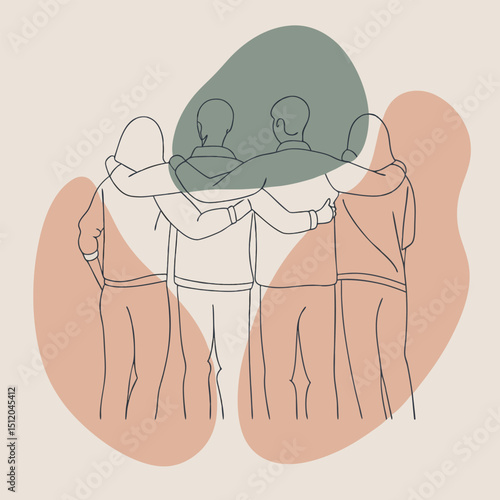 Line Art Four Friends Embracing, Showing Support with Abstract Shapes in Earthy Tones