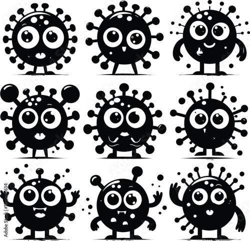 A collection of nine cartoon virus characters in black and white with different expressions and poses