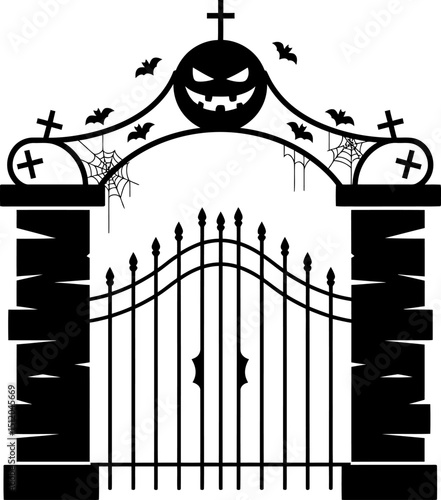 Spooky Halloween Cemetery Gate Black and White Illustration