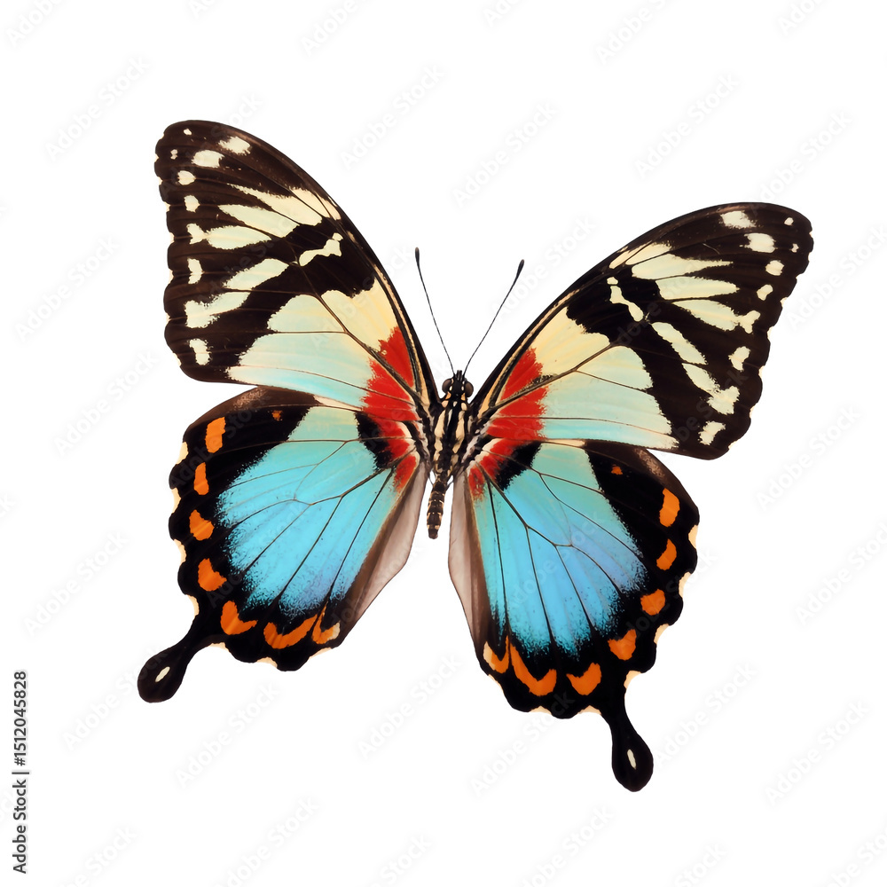 Fototapeta premium Colorful Tropical Butterfly with Open Wings on Transparent Background Isolated
