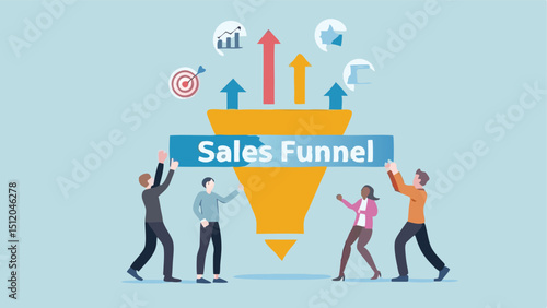 Illustration of a sales funnel with business people holding a sign and arrows pointing upward