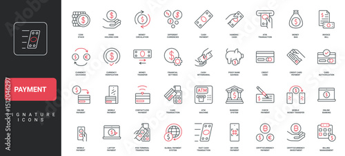 Payment method, online money transfer with phone and laptop, bills line icon set. Credit card and dollar cash, cryptocurrency coins, POS terminal thin black and red outline symbols vector illustration