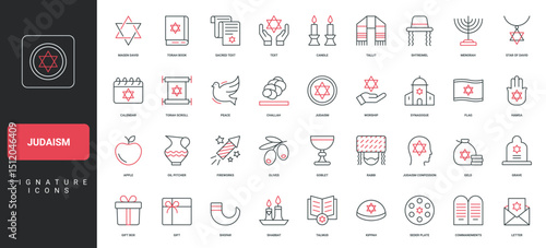 Judaism, Jewish religion and holidays, synagogue and Torah book, menorah line icon set. Challah and candles for Shabbat, Sukkot and Hanukkah thin black and red outline symbols vector illustration