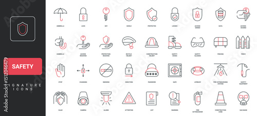 Safety protection, cyber security shield and lock, safe equipment to protect health and life line icon set. Construction worker and cyclist helmet, boot thin black and red symbols vector illustration