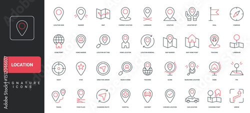 Location on map for destination and home address, distance path, GPS pin line icon set. Geo position of target, route of journey, compass, pointer thin black and red outline symbol vector illustration