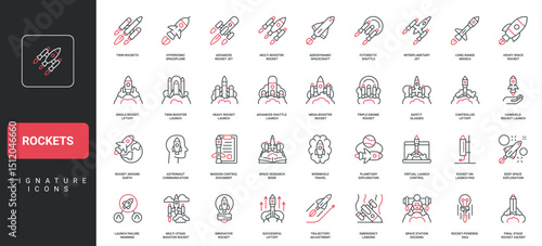 Space rockets launch and flight, business startup and project booster line icon set. Aerospace exploration, spaceship start with fire, crash and fail thin black and red symbols vector illustration
