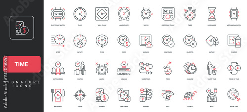 Time zones and alarm clock, speed and slow process, money cost line icon set. Waste and time to wait, deadline and payment, breakfast and charge, target thin black and red symbols vector illustration