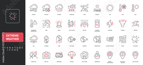 Extreme weather, severe wind and snow of storm, cold and heat, nature disaster and crisis location line icon set. Emergency siren and shelter, tornado thin black and red symbols vector illustration