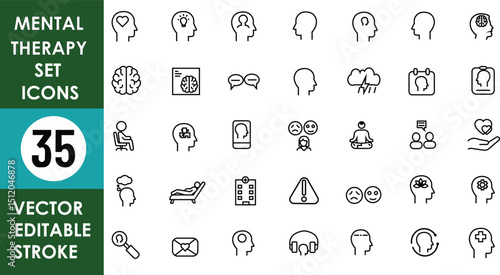 Minimalist line art icon set featuring 35 mental therapy-themed symbols, including brain, head, emotions, meditation, therapy chair, stress, communication, and psychological support