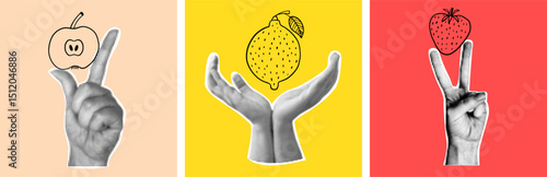 Halftone hands hold line art fruits.  Set of retro collage posters with an apple, lemon, and strawberry.