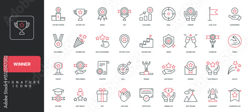 Winner award and trophy of success victory, prize of champion in competition line icon set. Achieve medal and cup, first place on podium, gift thin black and red outline symbols vector illustration
