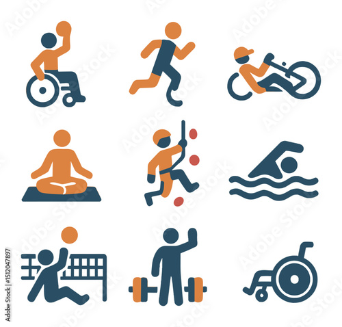 Adaptive Sports Icons. Flat icon set of adaptive sports and recreation: wheelchair basketball, running blade,