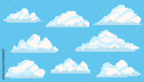 Set of pixel 8-bit different shapes clouds in retro gaming style. Fluffy cloud illustration