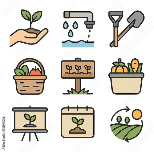 Agricultural Assistance Icons. Flat icon set of agricultural assistance programs: seedling hand, irrigation