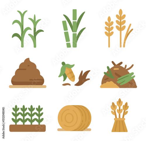 Agricultural Biomass Icons. Flat icon set of agricultural biomass sources: corn stalks, sugarcane icon, wheat