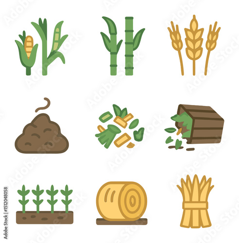 Agricultural Biomass Icons. Flat icon set of agricultural biomass sources: corn stalks, sugarcane icon, wheat