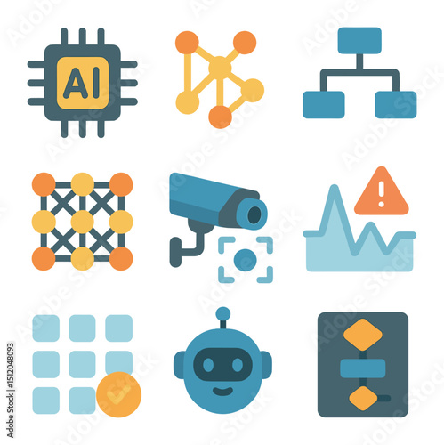 AI in Production Icons. Flat icon set of artificial intelligence in production: AI chip, deep learning graph,