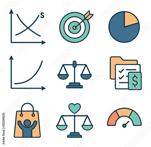 Allocative Efficiency Icons. Flat icon set of allocative efficiency: demand and supply graph, optimal price
