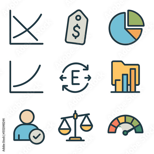 Allocative Efficiency Icons. Flat icon set of allocative efficiency: demand and supply graph, optimal price