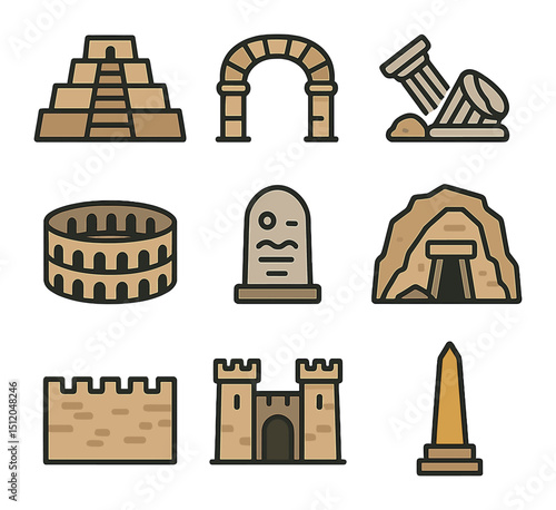 Ancient Architecture Icons. Flat icon set of ancient architecture and ruins: ziggurat, stone arch, collapsed