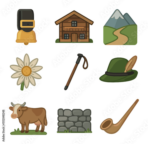 Alpine Lifestyle Icons. Flat icon set of alpine and rural lifestyle: cow bell, wooden chalet, mountain path,